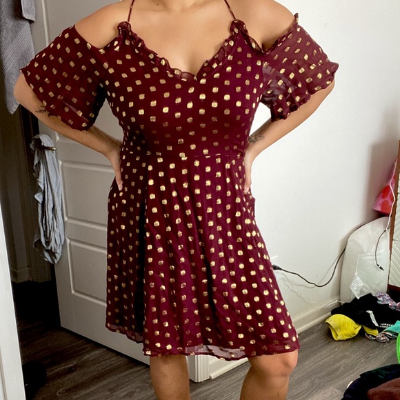 Cocktail dress, red w gold polka dots (Topshop) - Picture 2 of 3